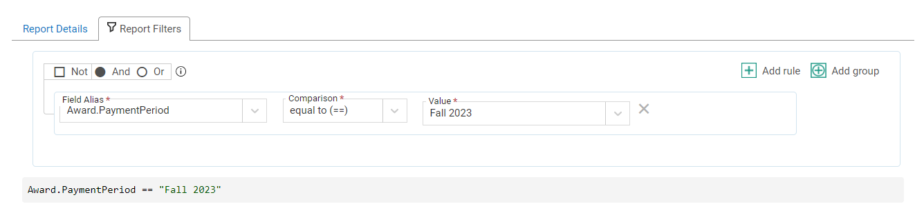 Report filter tab with one rule: Award.PaymentPeriod equal to Fall 2023.