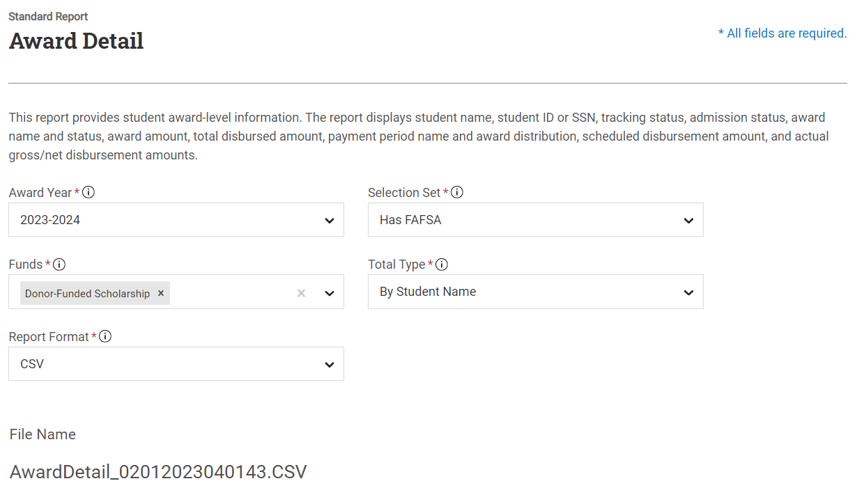 Award Detail page with all fields populated and the filename at the bottom of the page highlighted.