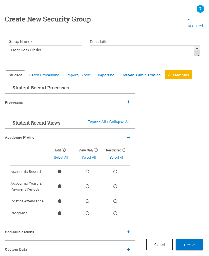 Create New Security Group window open to Student tab