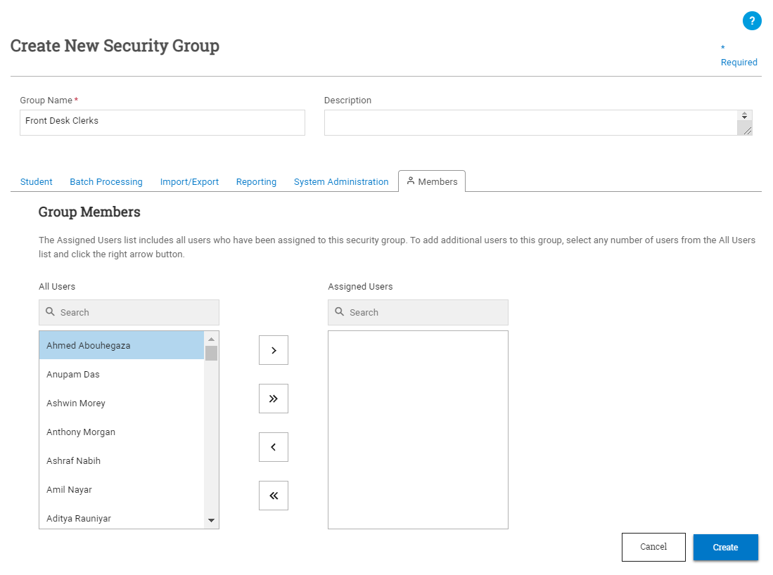 Create New Security Group window