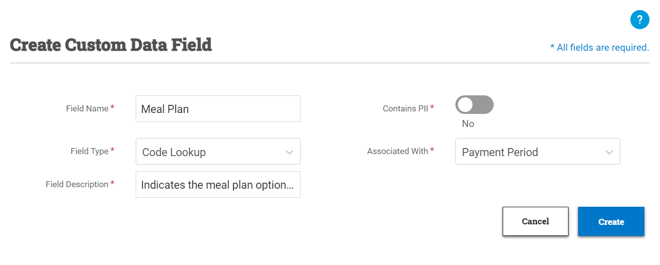 Create custom data field window with field name of Meal Plan and field type of code lookup.